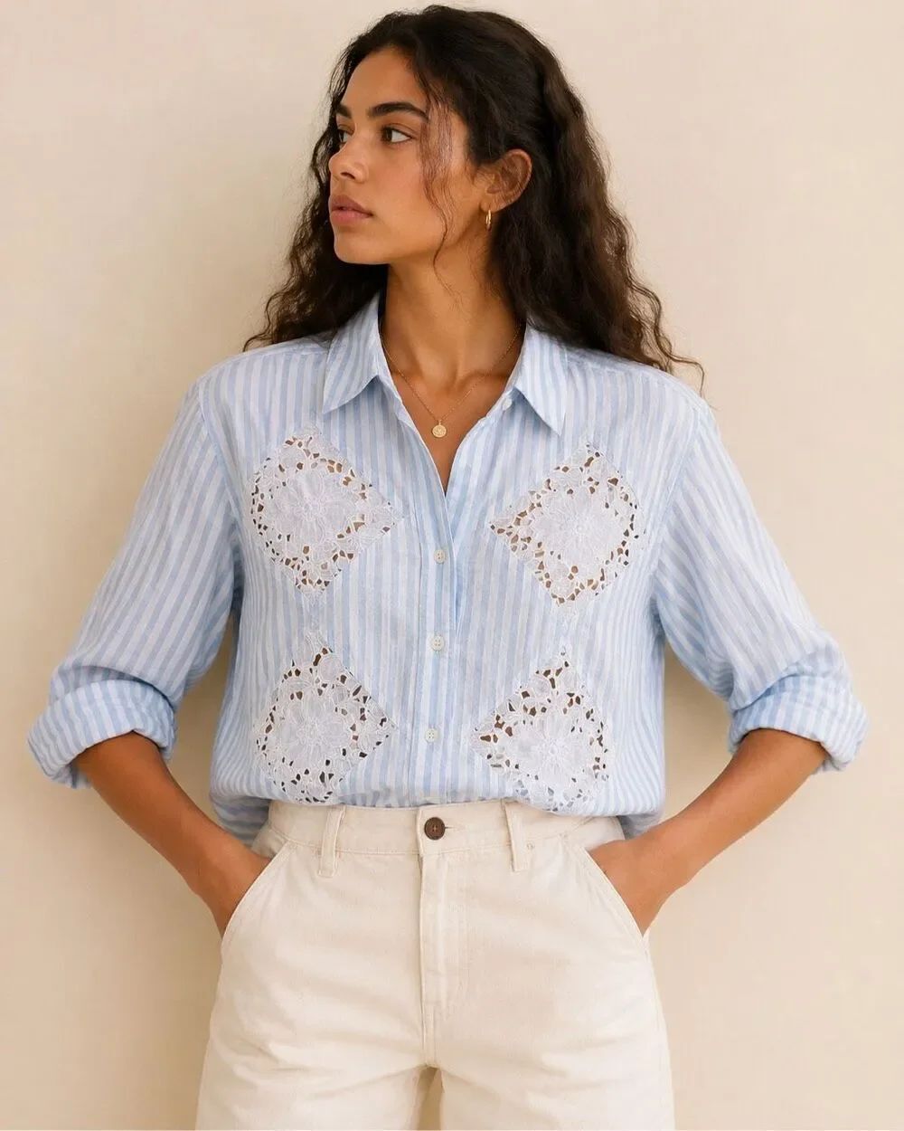 Sézane x Andion Maxy button down shirt blue stripe white lace embroidery, Sz 38,